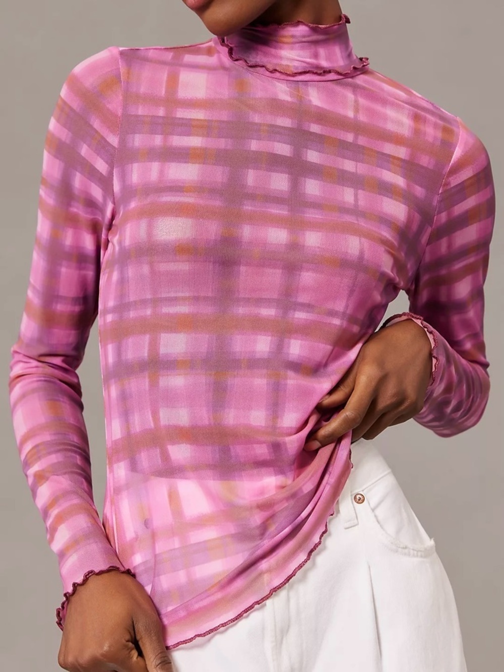 Anthropologie Pilcro Mesh Plaid Turtleneck Top Mockneck Long Sleeve Pink Sz M